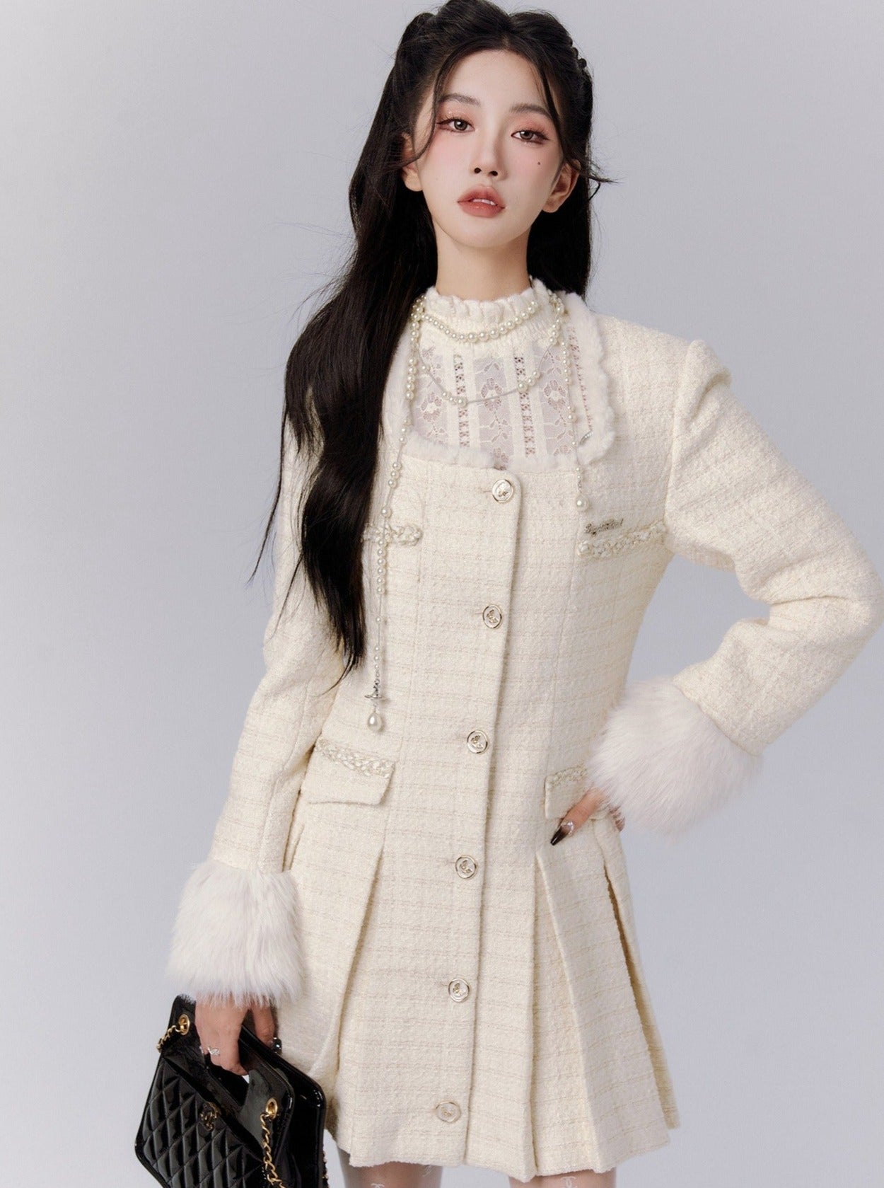 Elegant Ivory Tweed Coat Dress with Fur-Trimmed Cuffs