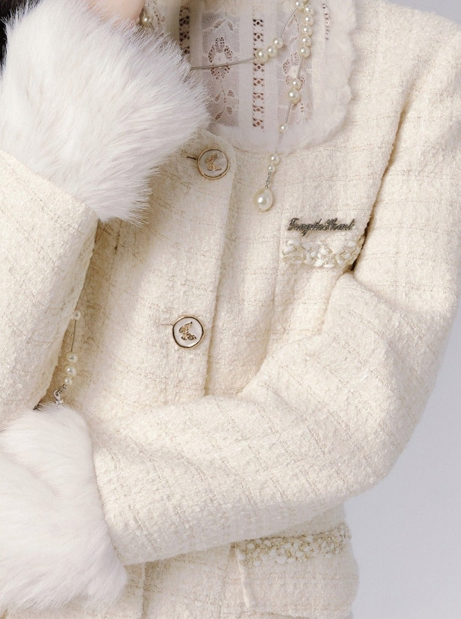 Elegant Ivory Tweed Coat Dress with Fur-Trimmed Cuffs