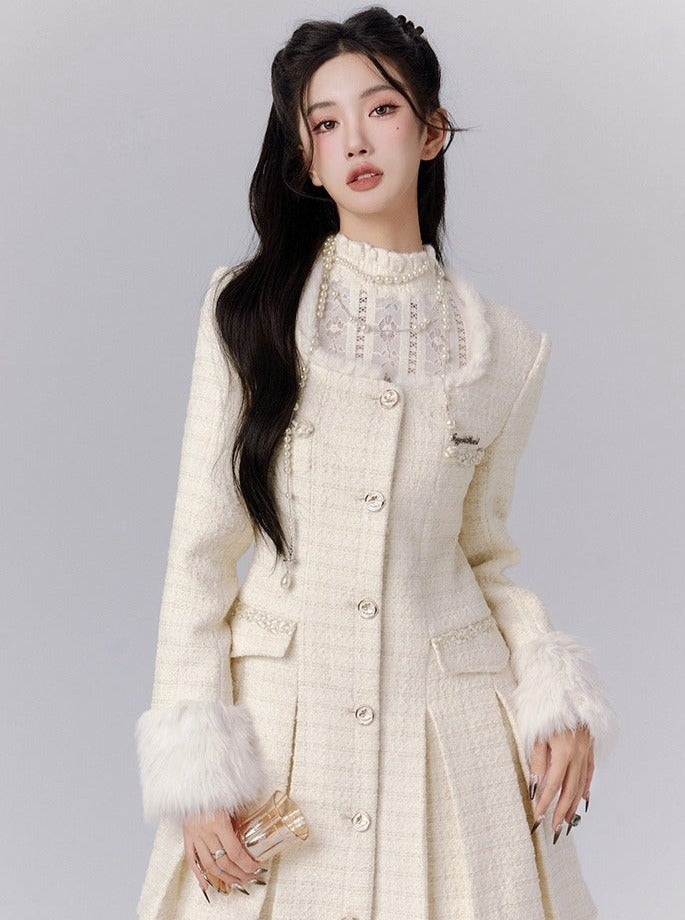 Elegant Ivory Tweed Coat Dress with Fur-Trimmed Cuffs