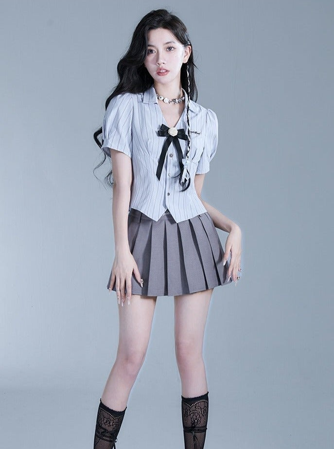 Fragile Heart Preppy Duo: Gray Pleated Mini Skirt and Bow-Tie Cropped Blouse Set