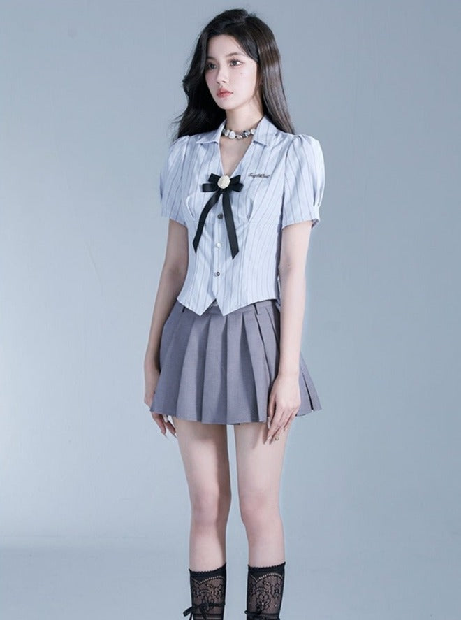 Fragile Heart Preppy Duo: Gray Pleated Mini Skirt and Bow-Tie Cropped Blouse Set