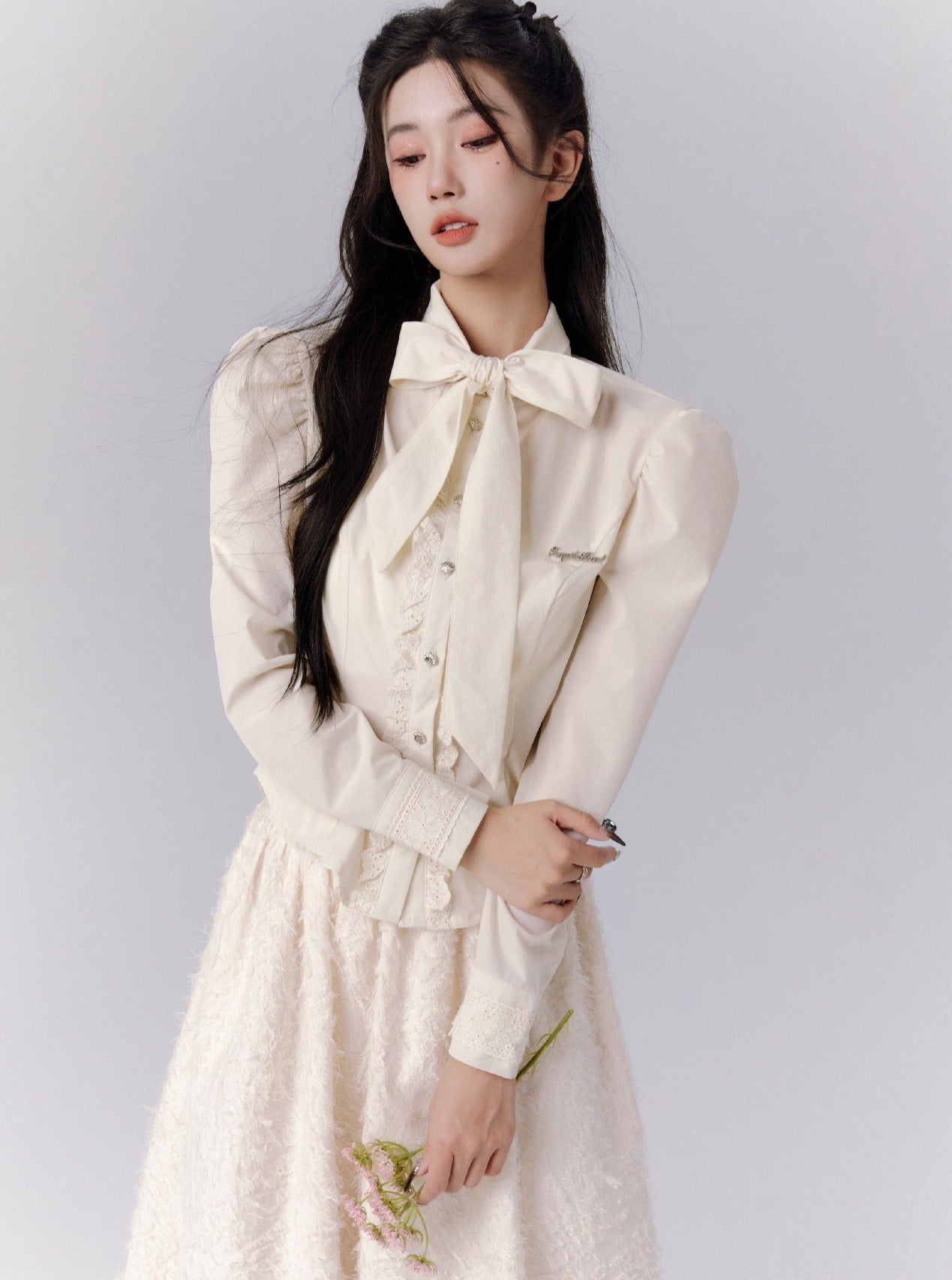 Vintage-Inspired Cream Puff Sleeve Blouse and Midi Skirt Set