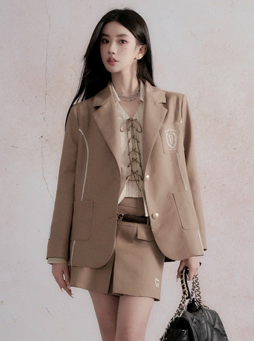 Fragile Heart Preppy Chic Ensemble: Olive Mini Skort, Cream Lace-Up Blouse, and Tailored Khaki Blazer Set