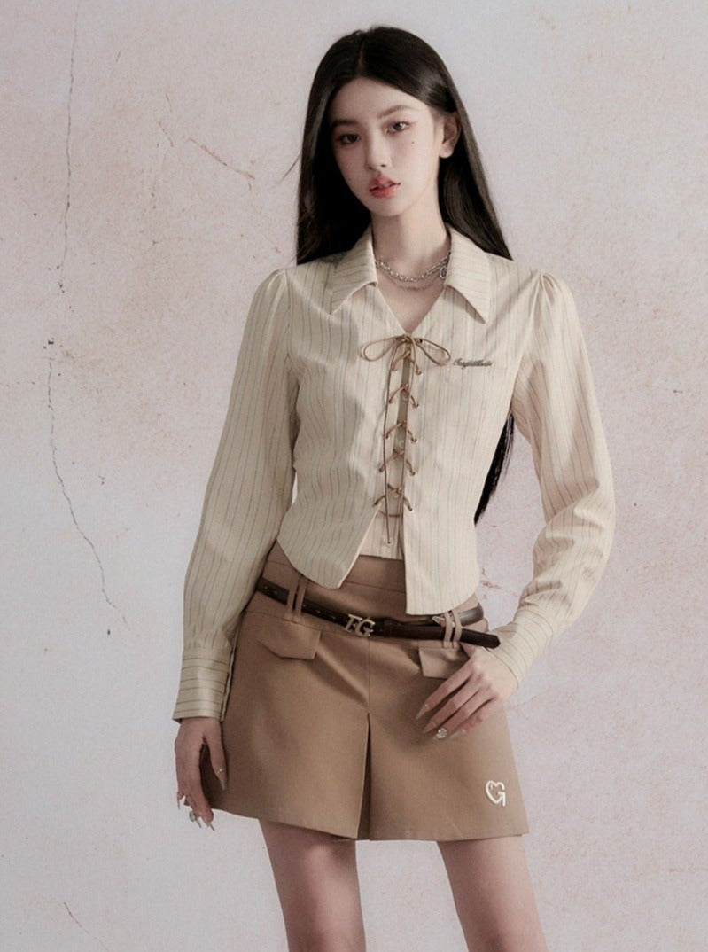 Fragile Heart Preppy Chic Ensemble: Olive Mini Skort, Cream Lace-Up Blouse, and Tailored Khaki Blazer Set