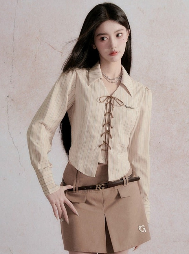 Fragile Heart Preppy Chic Ensemble: Olive Mini Skort, Cream Lace-Up Blouse, and Tailored Khaki Blazer Set