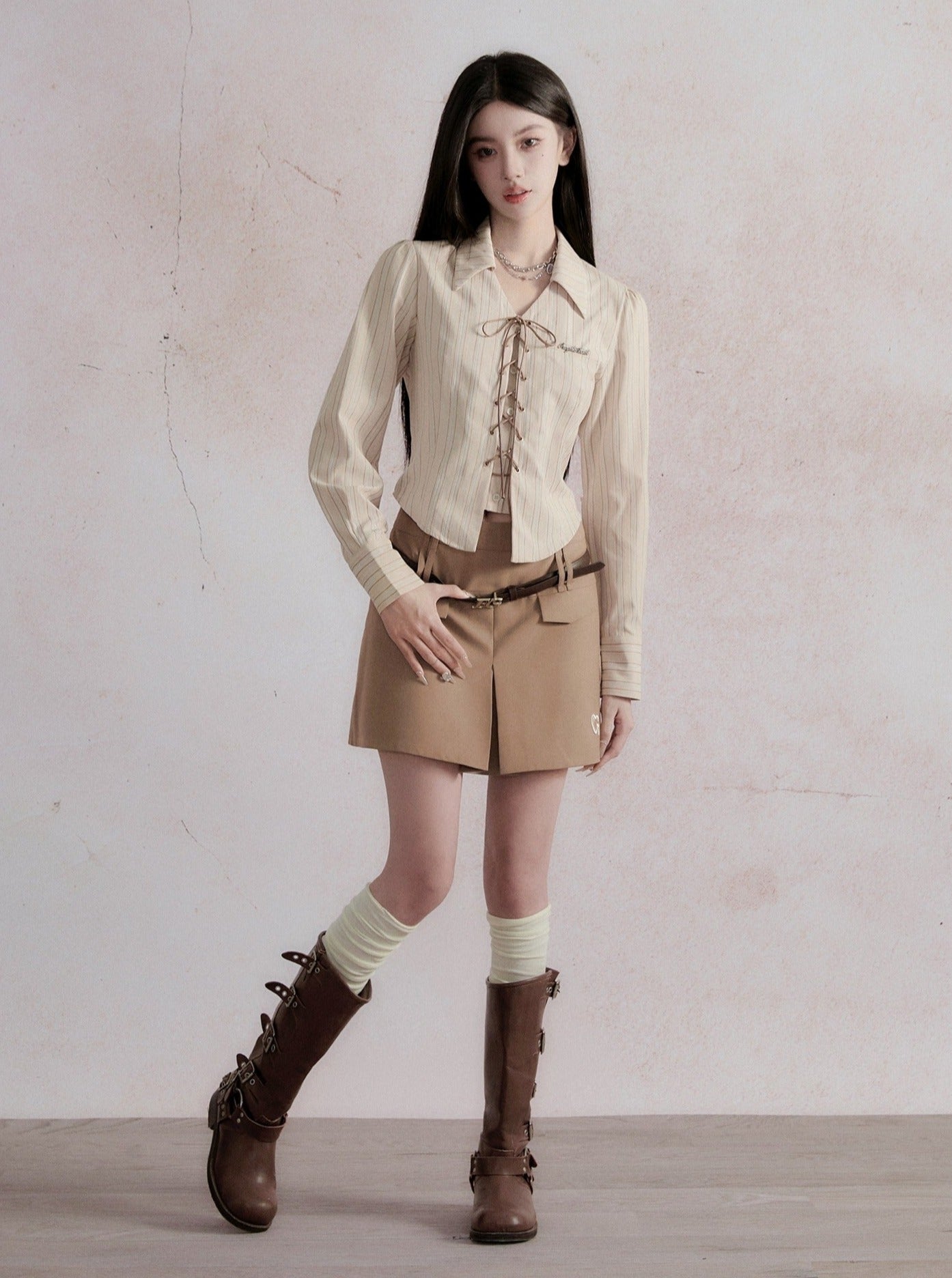 Fragile Heart Preppy Chic Ensemble: Olive Mini Skort, Cream Lace-Up Blouse, and Tailored Khaki Blazer Set