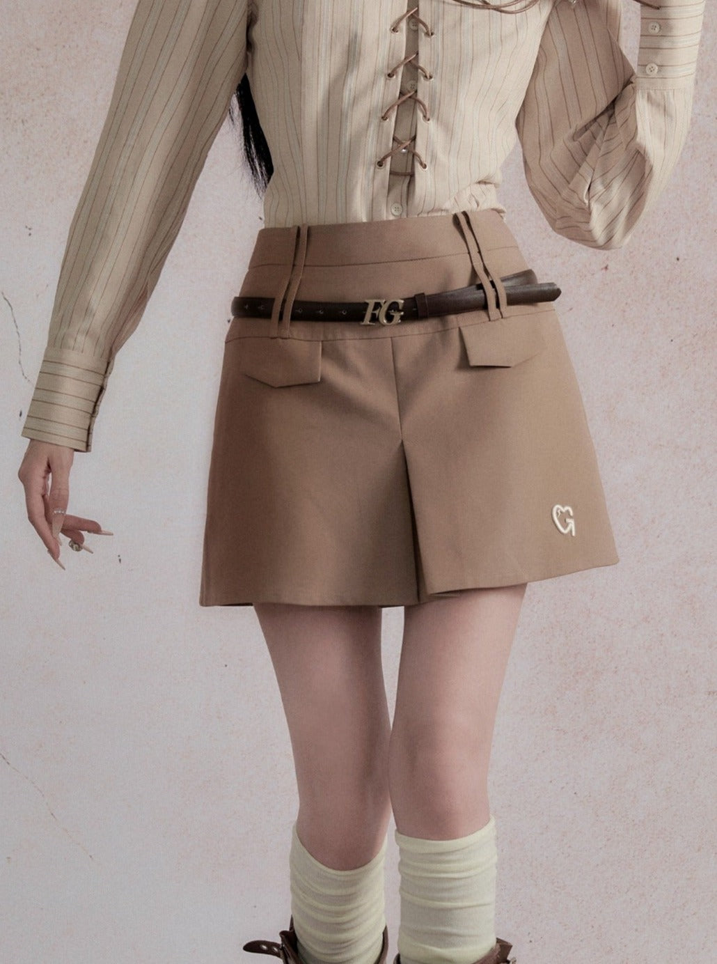 Fragile Heart Preppy Chic Ensemble: Olive Mini Skort, Cream Lace-Up Blouse, and Tailored Khaki Blazer Set