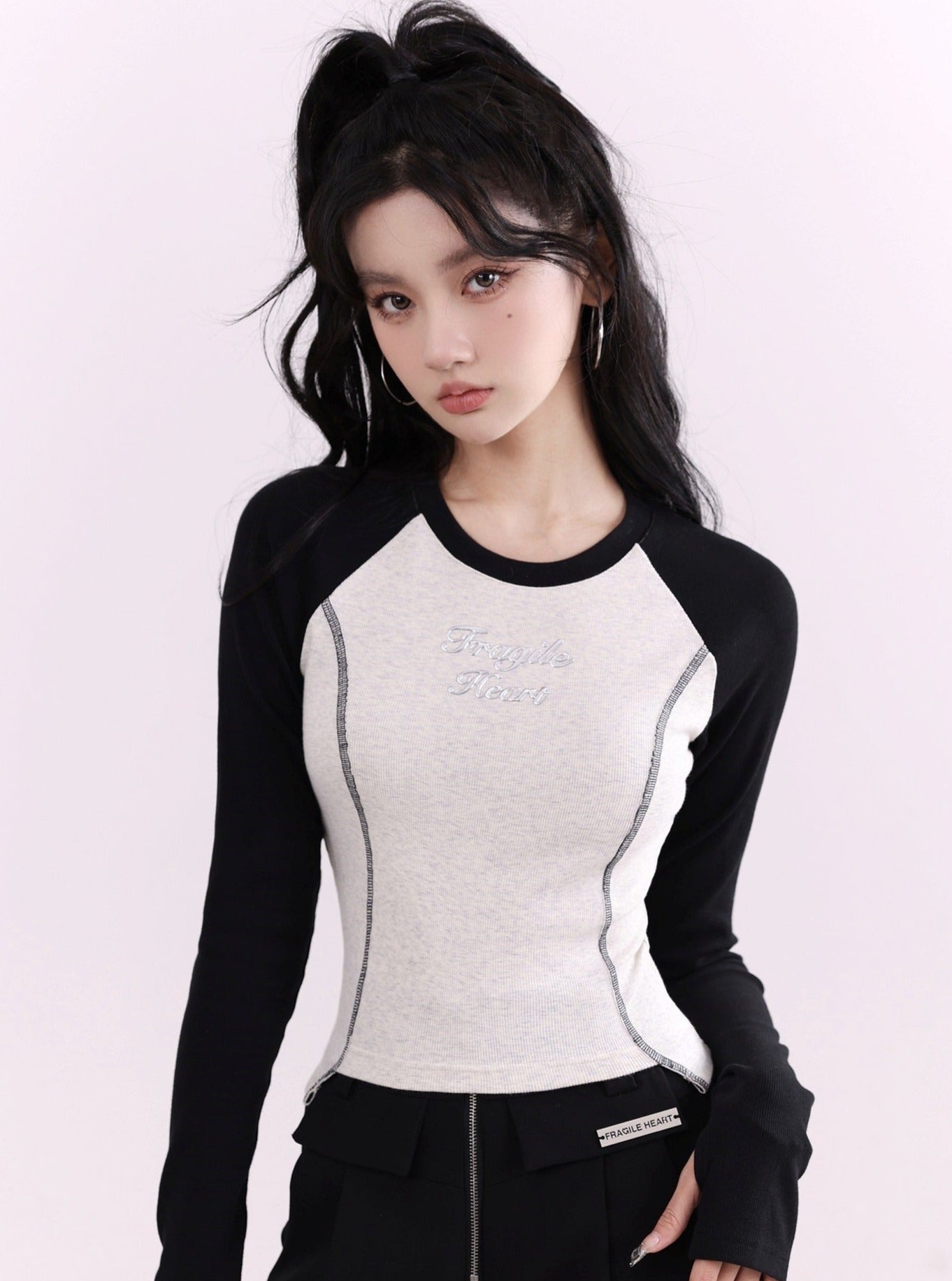 Monochrome Raglan Sleeve Cropped Baseball Tee