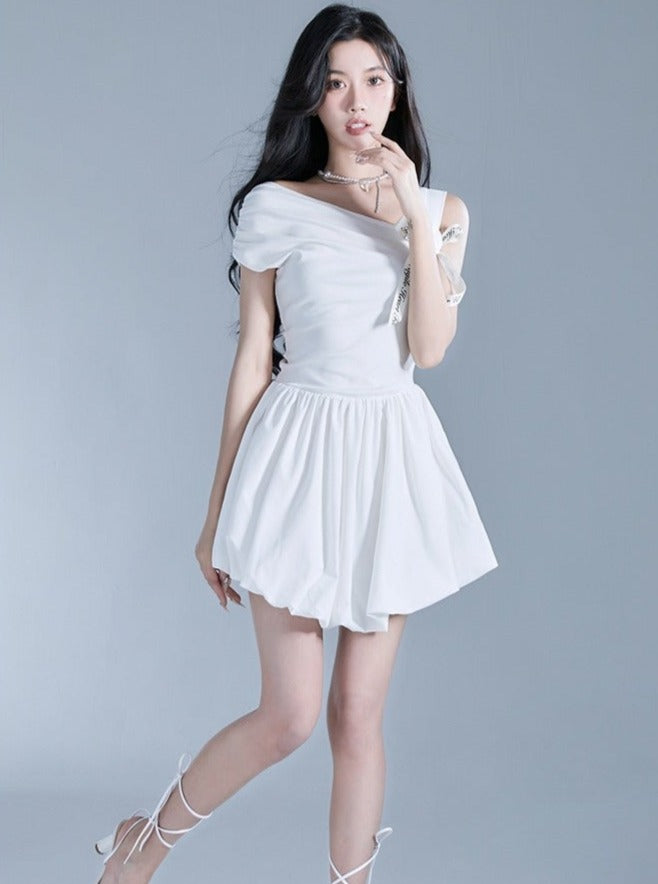 Angelic One-Shoulder White Ballerina Mini Dress with Bow Detail