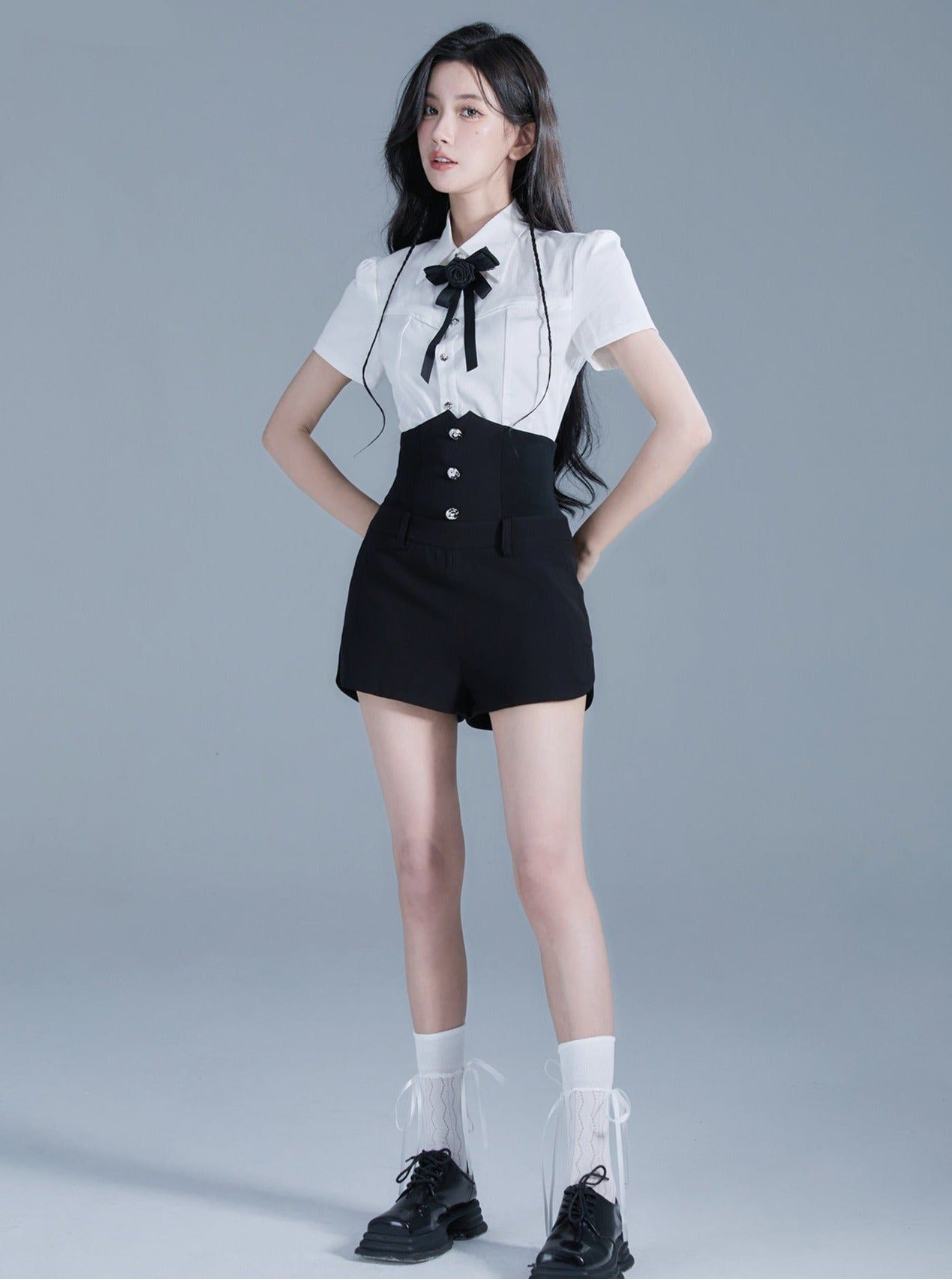 Monochrome Elegance Set: High-Waisted Corset Shorts with Cropped Bow-Tie Shirt