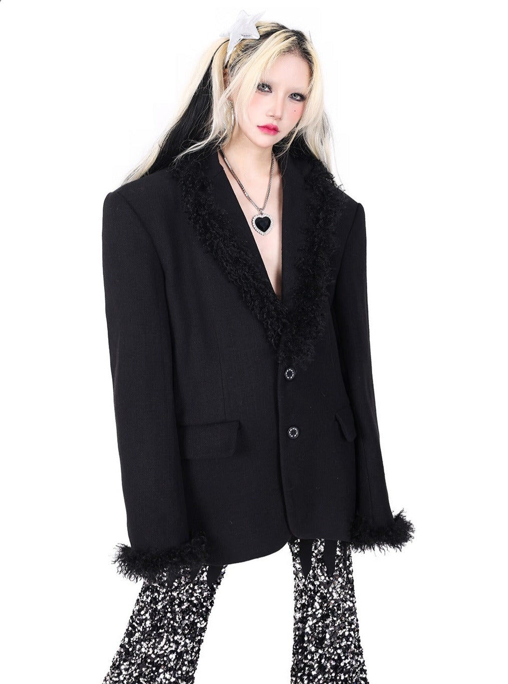 PINKSPINK Faux Fur Trim Blazer - Black