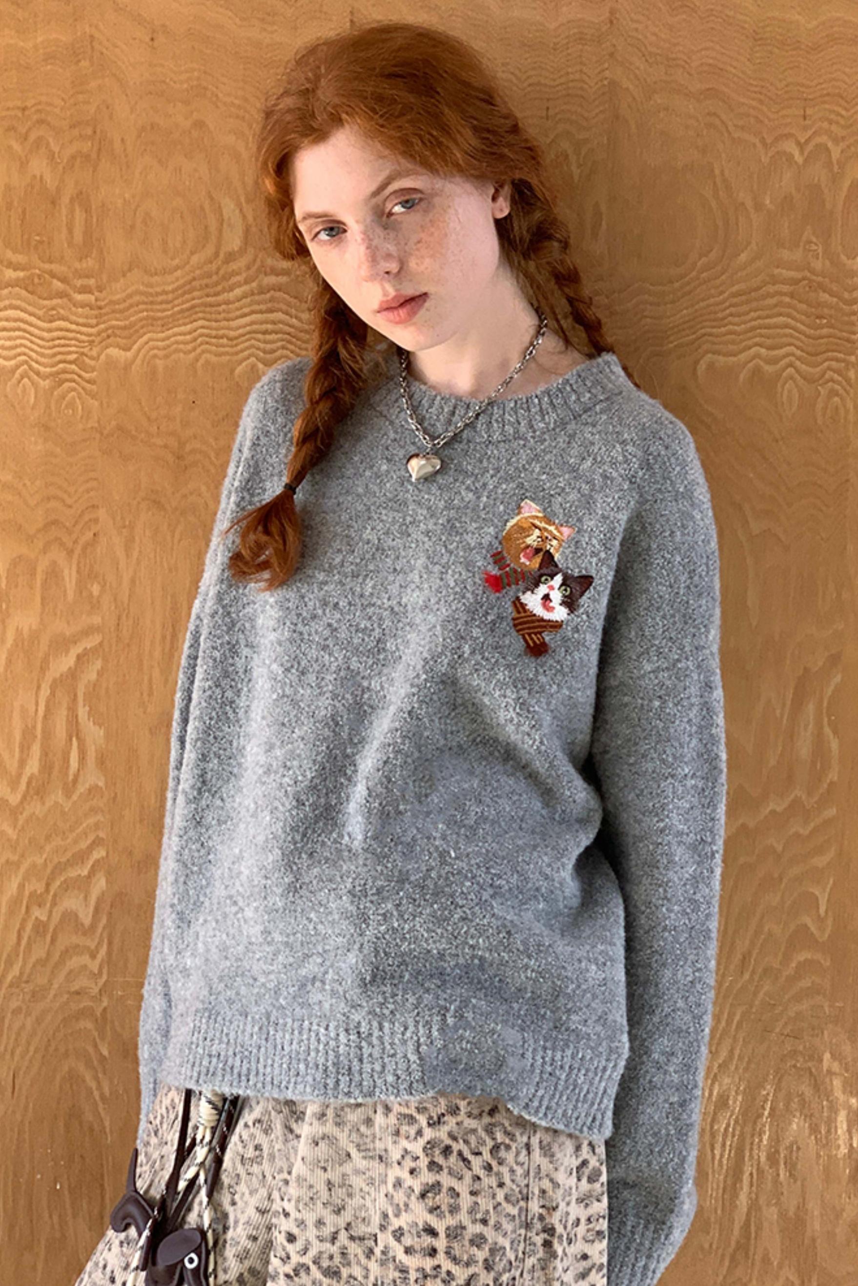 Embroidered Cat Knit Sweater