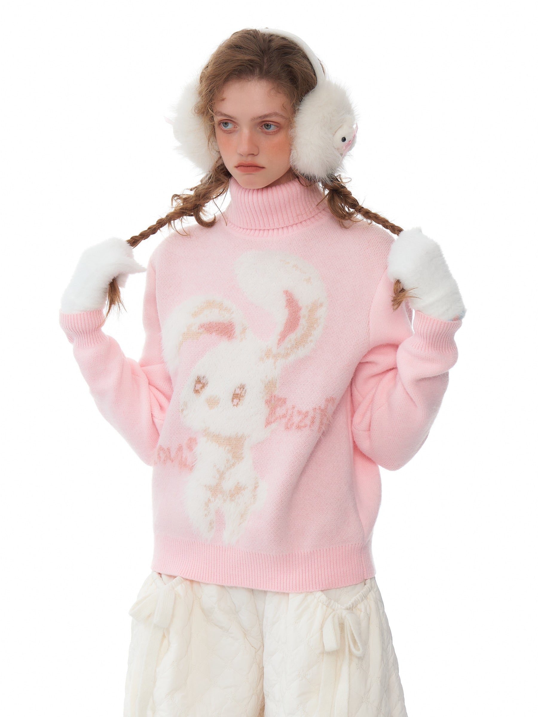 Pink Bunny Turtleneck Sweater