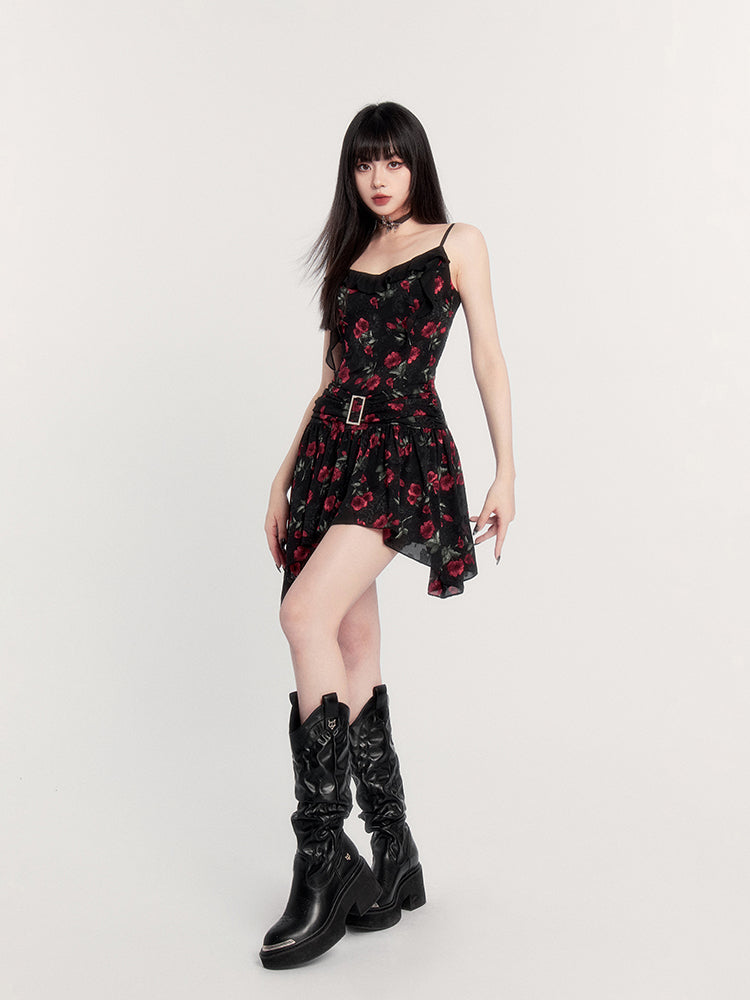 Floral Print Gothic Mini Dress with Asymmetric Hem