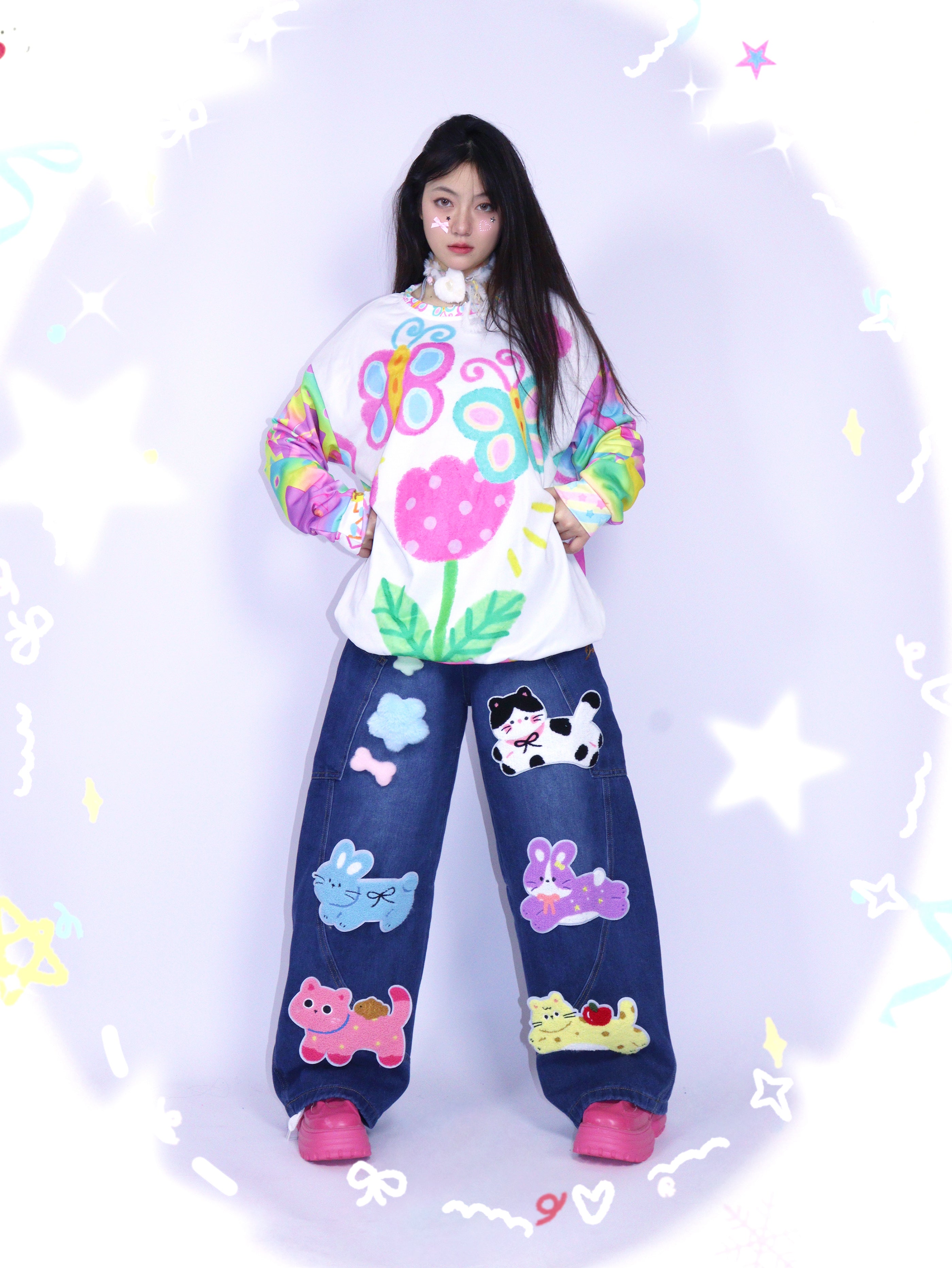 Kawaii Animal Patch Wide Leg Jeans