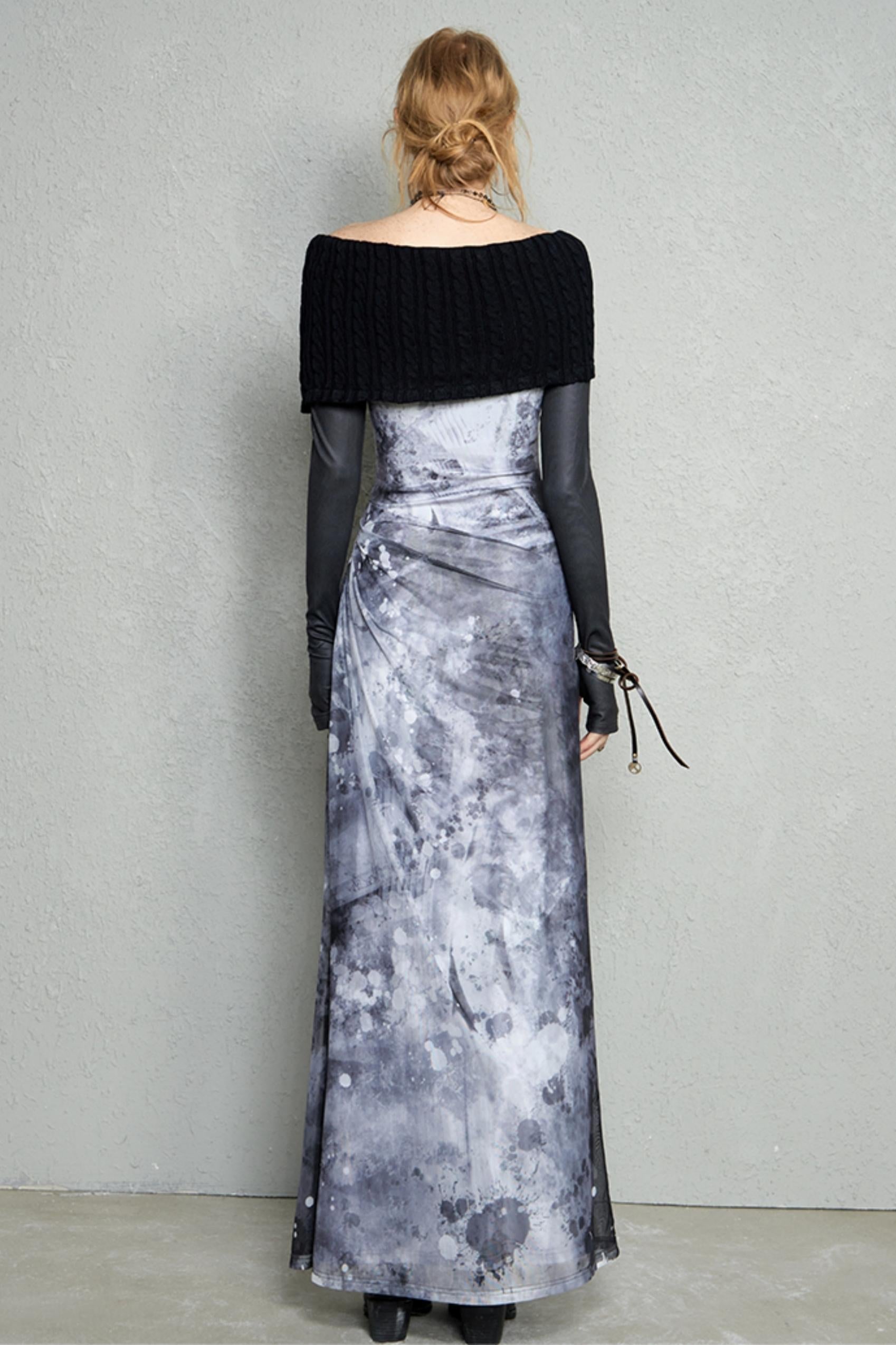 Abstract Paint Off-Shoulder Maxi Dress