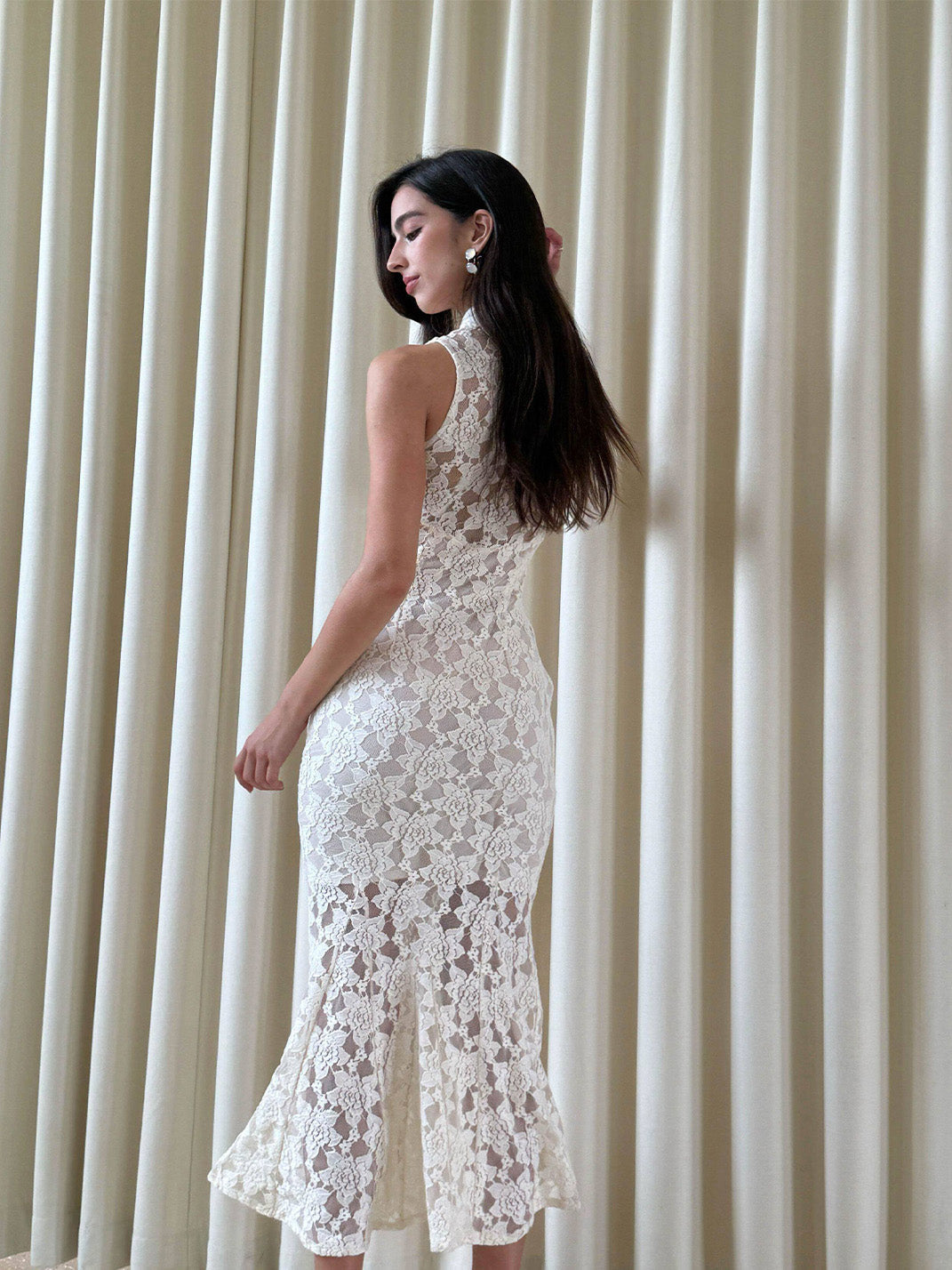 White Lace Cutout Cheongsam Dress