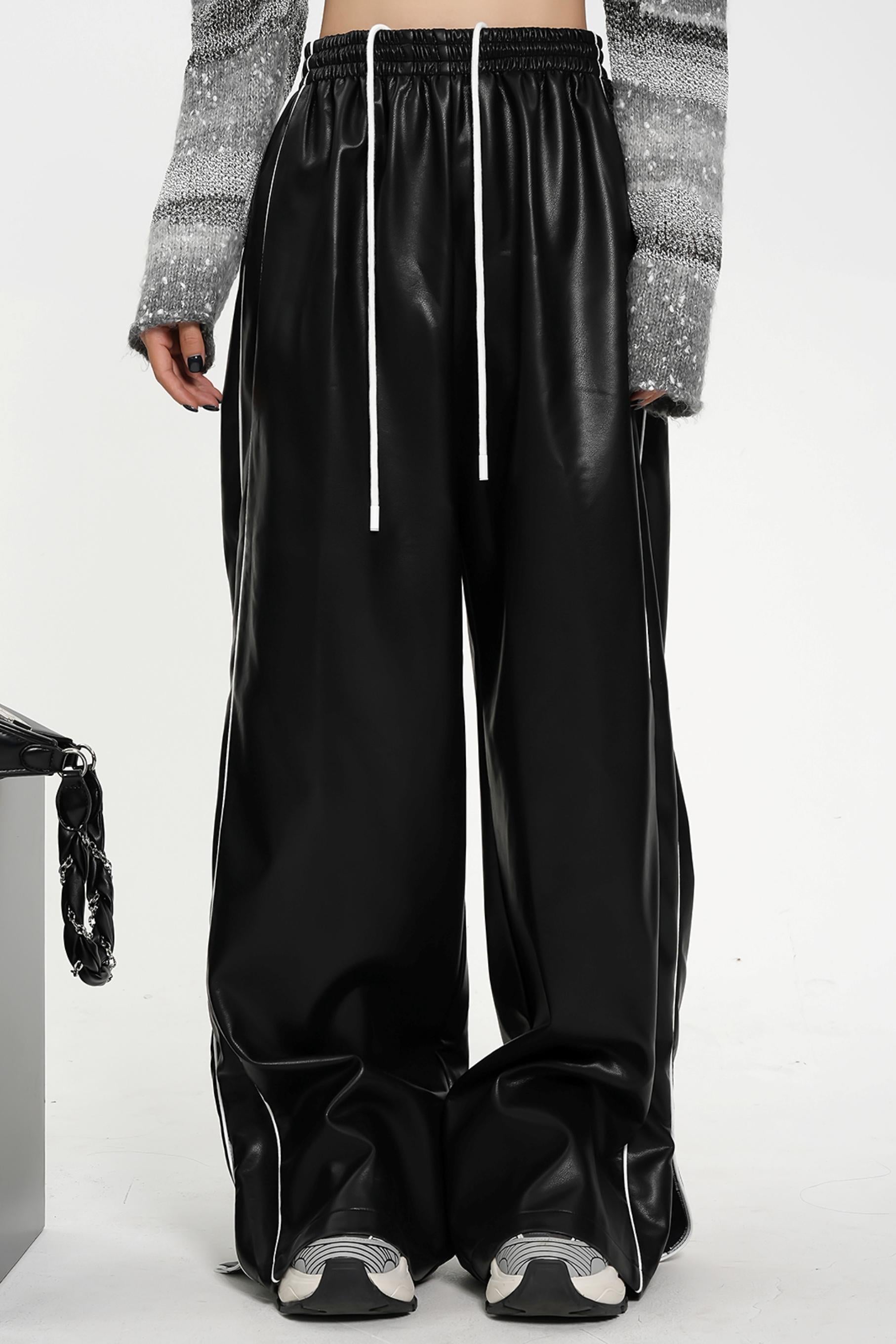 Luxe Satin-Look Drawstring Pants - Wide Leg Striped Track Bottoms