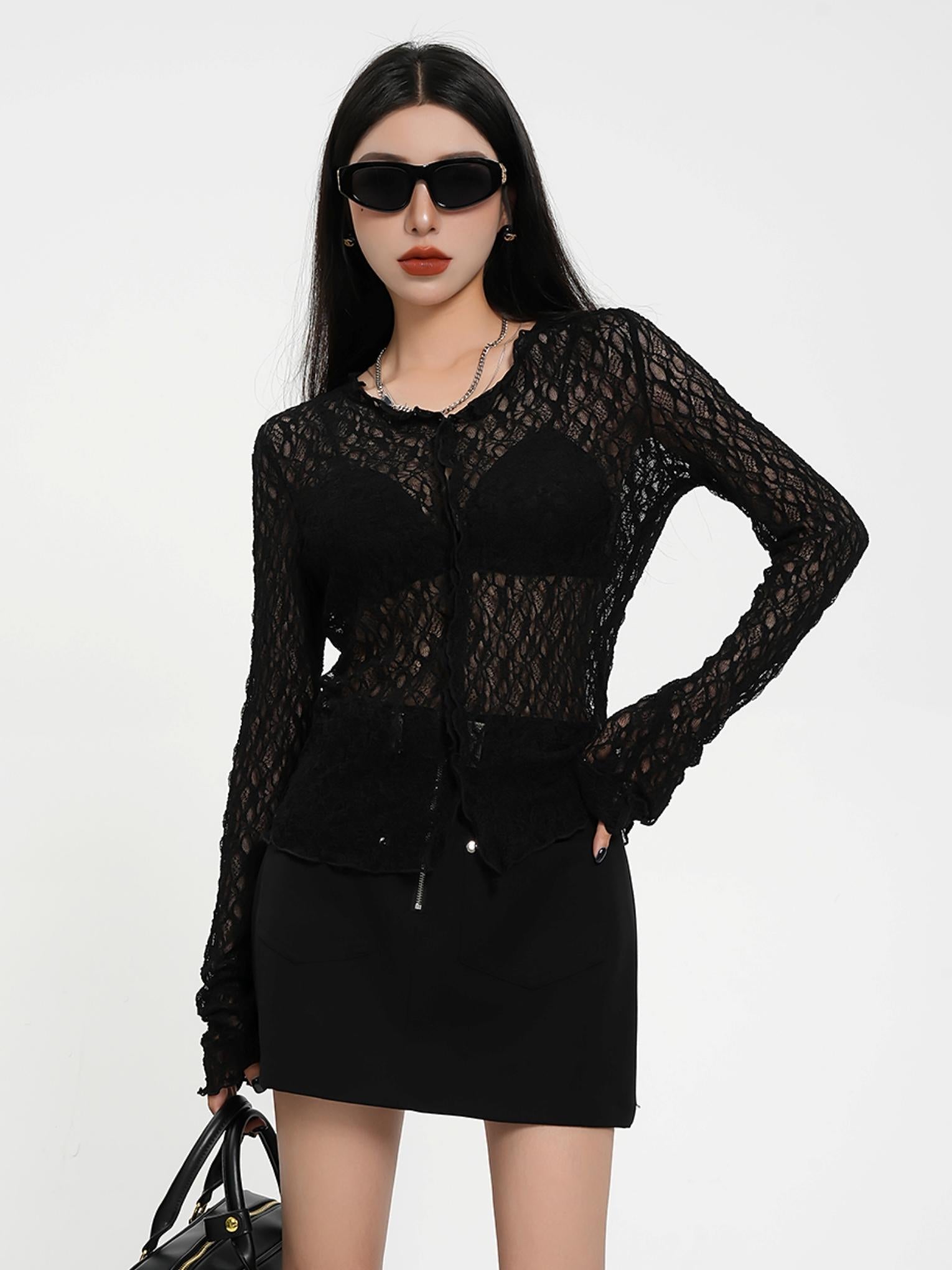 Sheer Lace Long Sleeve Crop Top - Gothic Mesh V-Neck Blouse