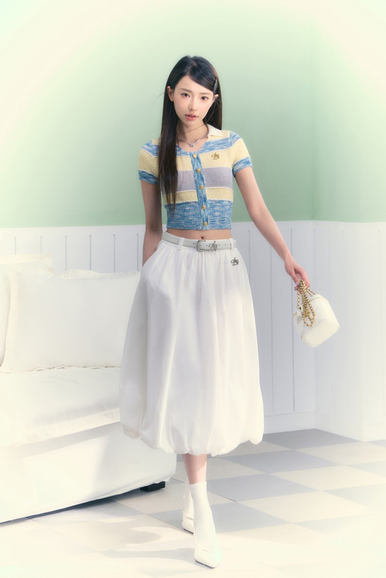 Pastel Striped Cropped Cardigan: Short Sleeve Collared Knit Top with Button Front