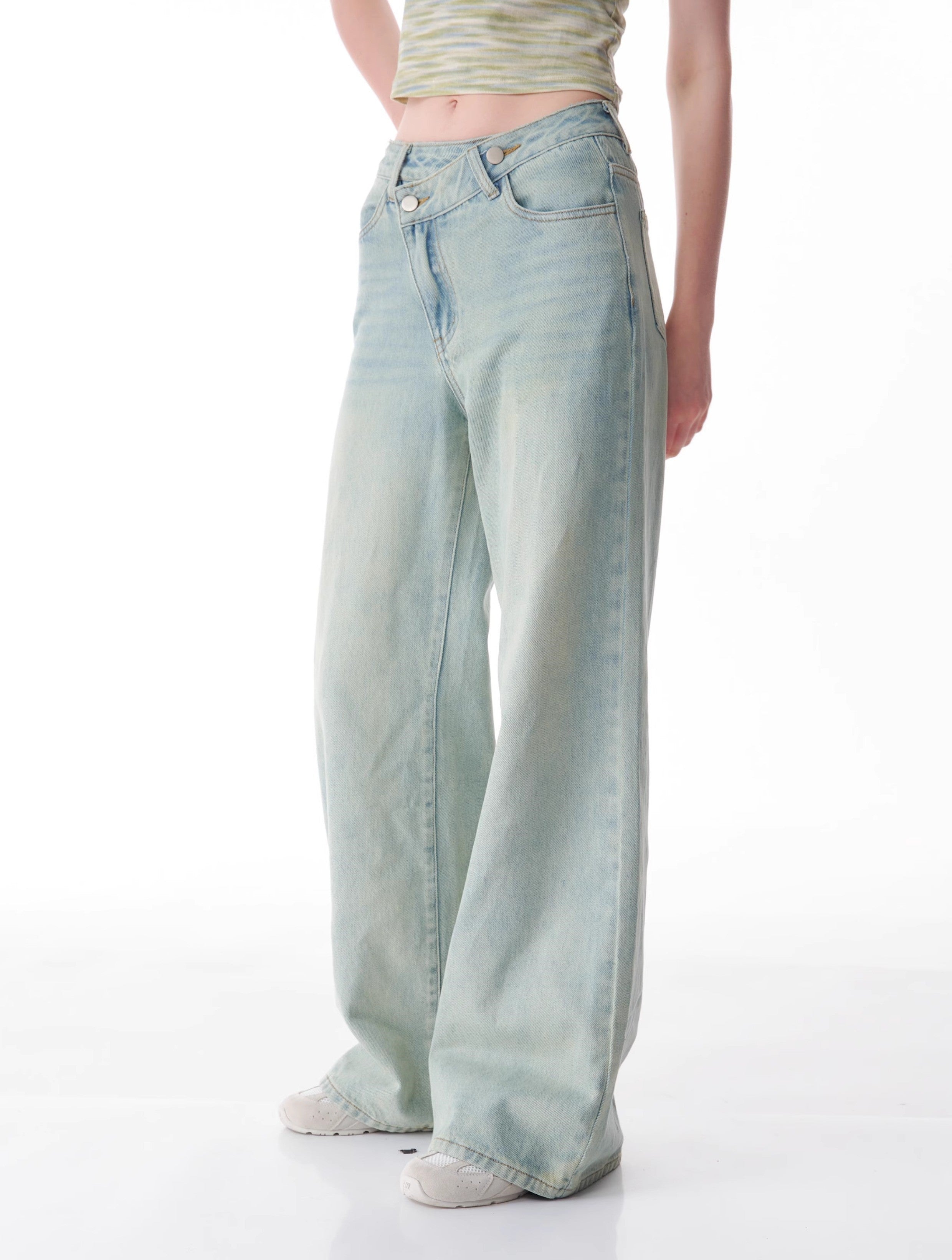 Slanted Light Wash Wide Leg Jeans