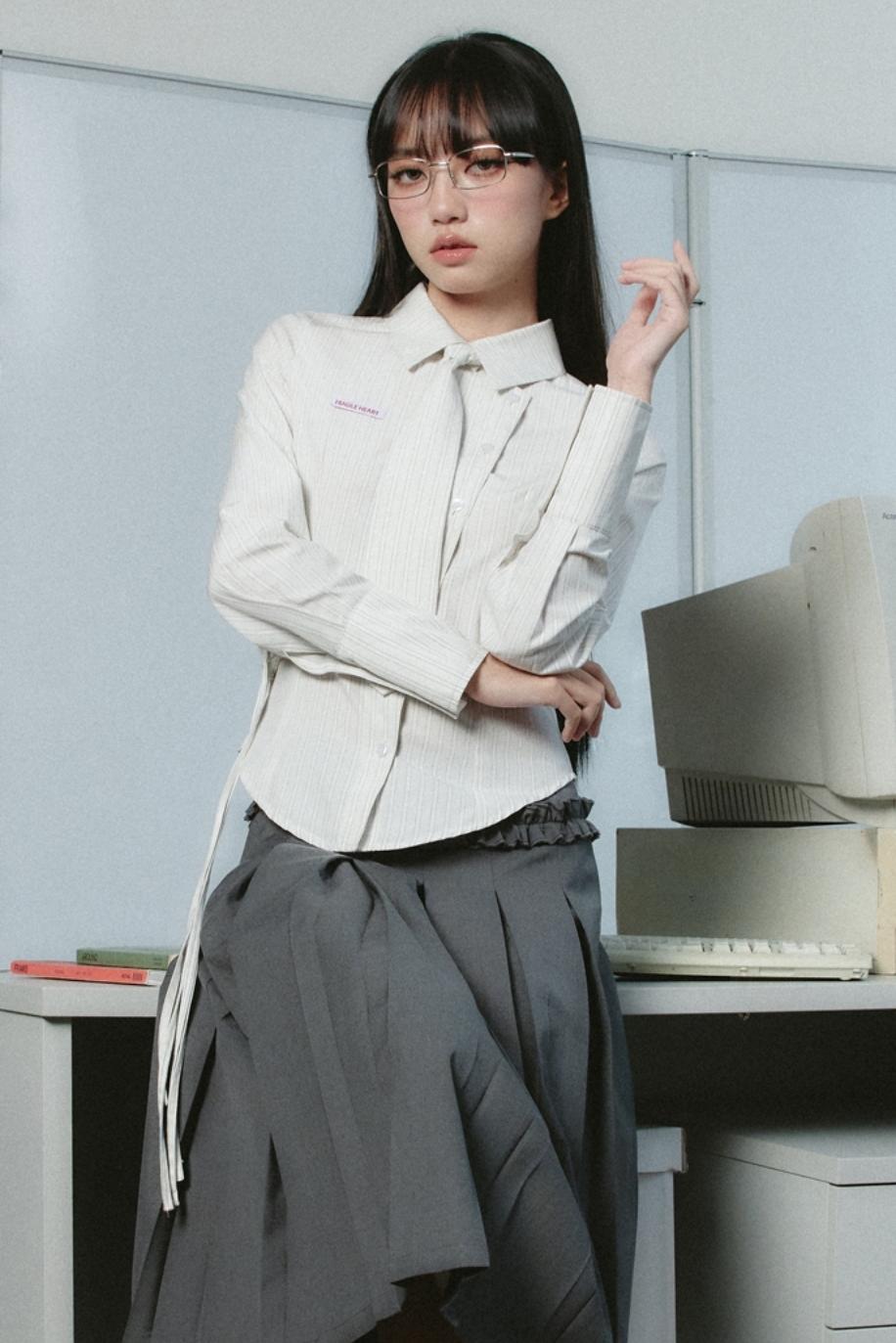 Avant-Garde Asymmetric White Button-Up Shirt with Side Tie Detail