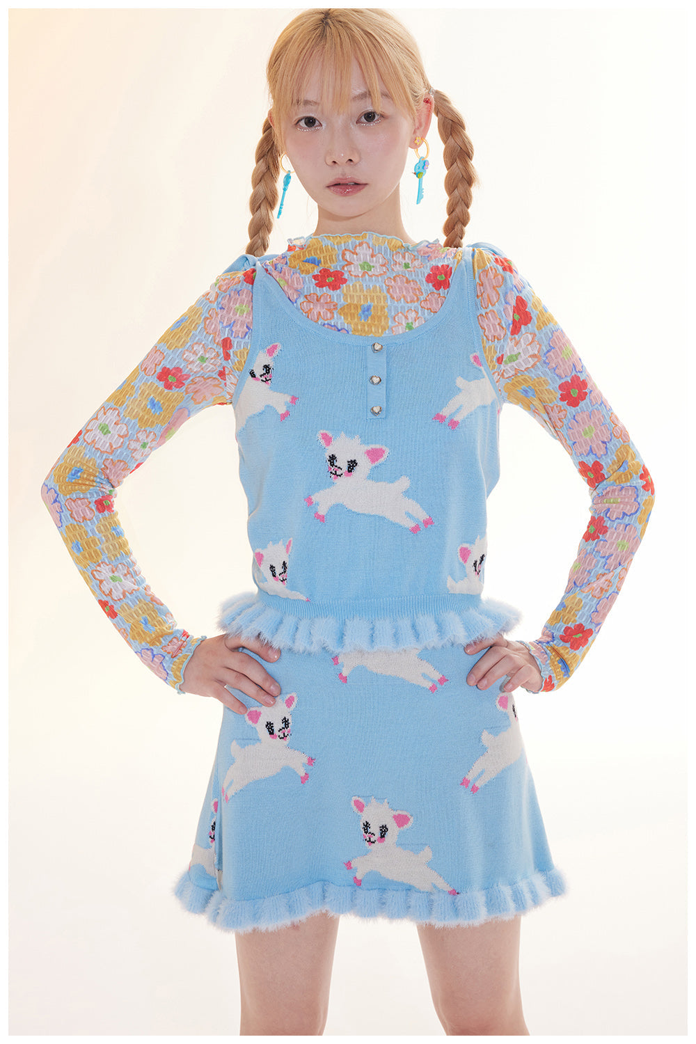 Lamb Print Knit Tank Top and Skirt Set