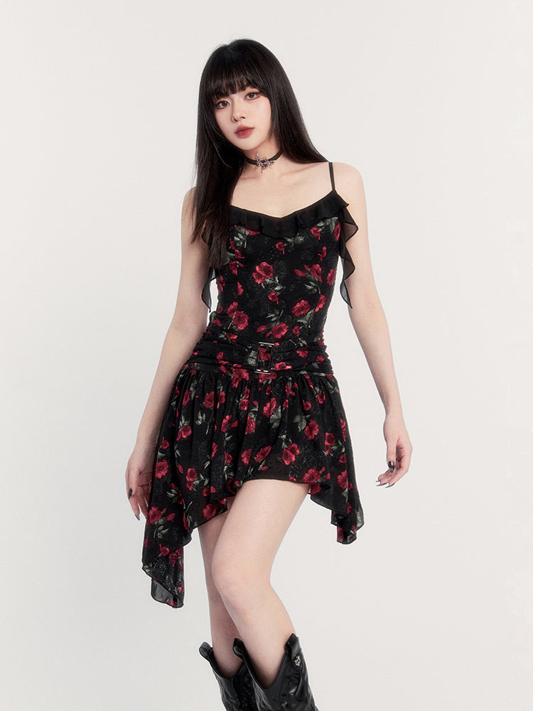 Floral Print Gothic Mini Dress with Asymmetric Hem