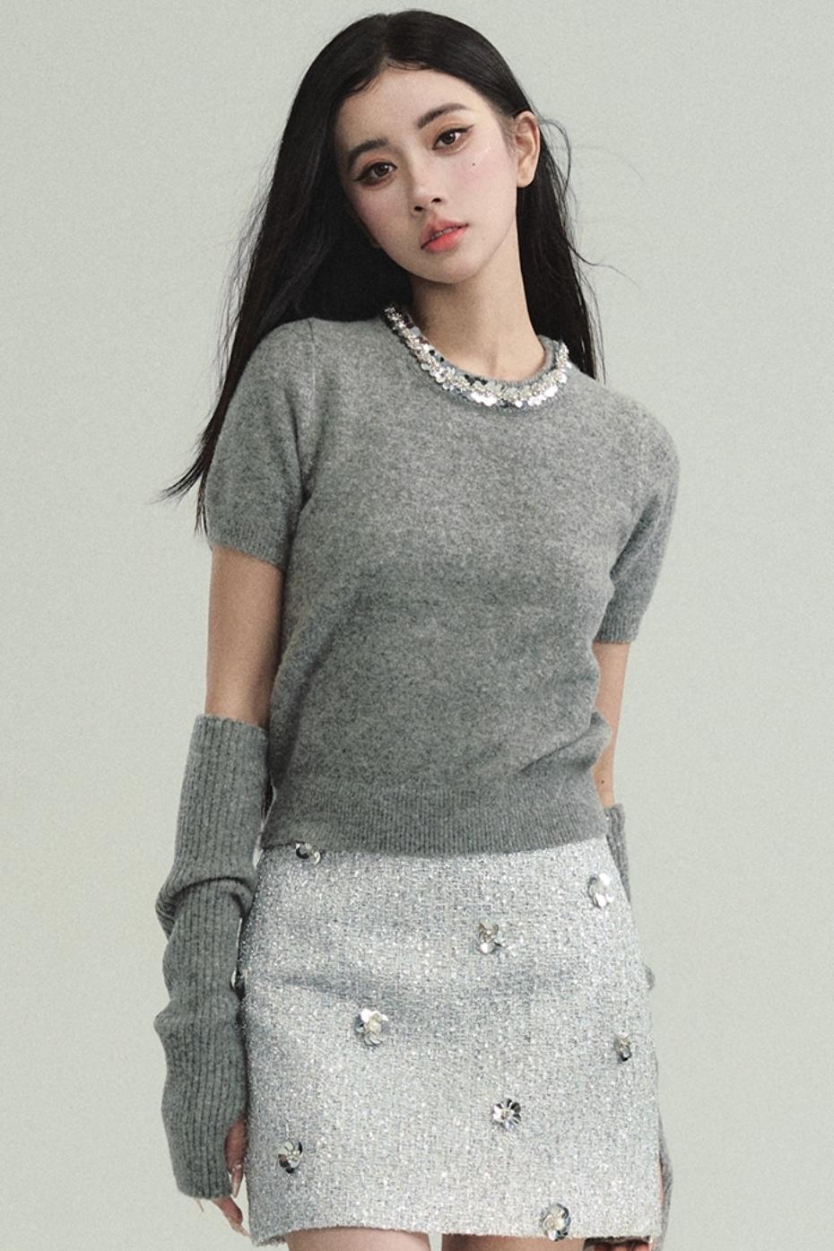 Elegant Layered Look: Pearl-Trimmed Cropped Sweater with Detachable Arm Warmers