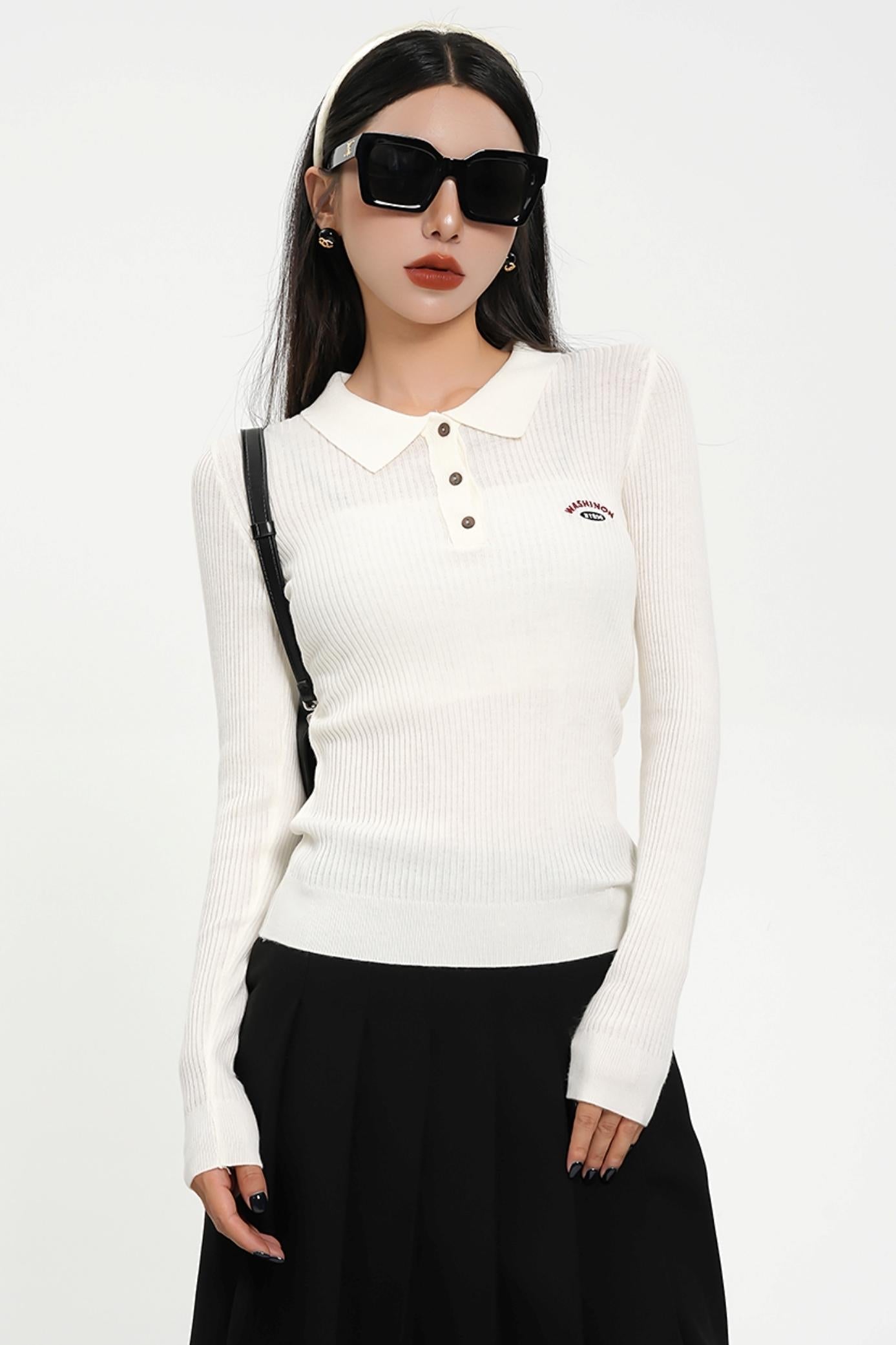 Long Sleeve Henley Sweater - Ribbed Knit Pullover with Embroidered Detail