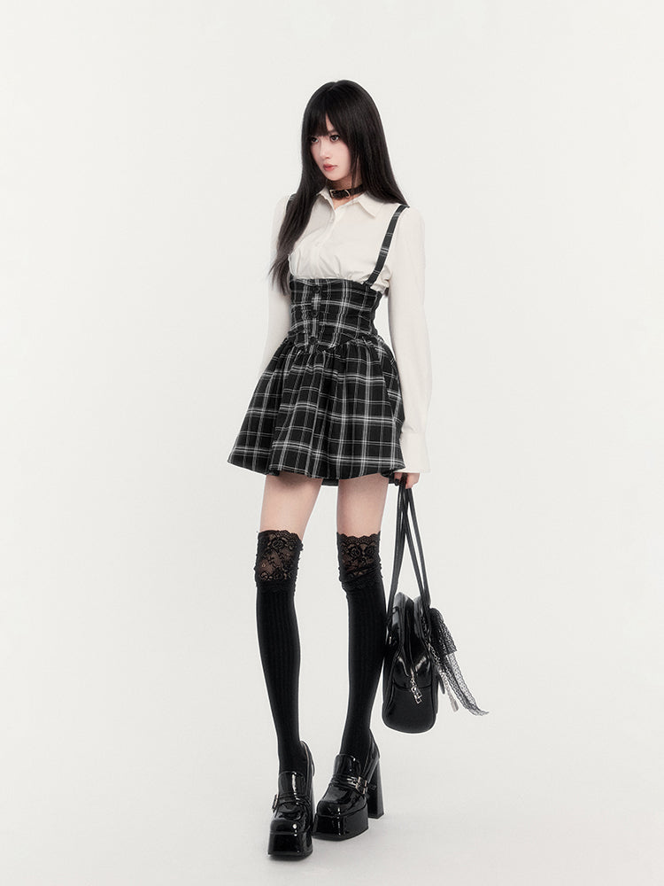 Super High Waist Plaid Suspender Skirt