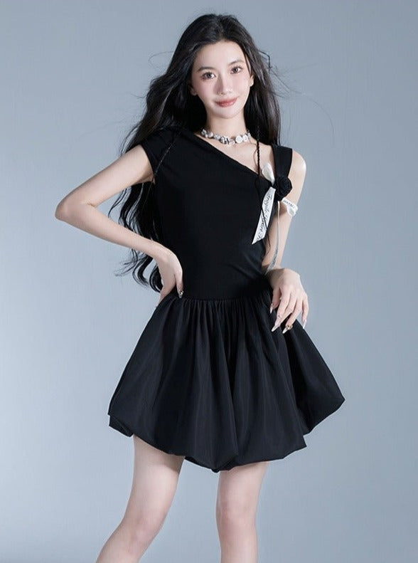 Elegant Off-Shoulder Black Mini Dress with Contrast Bow Detail