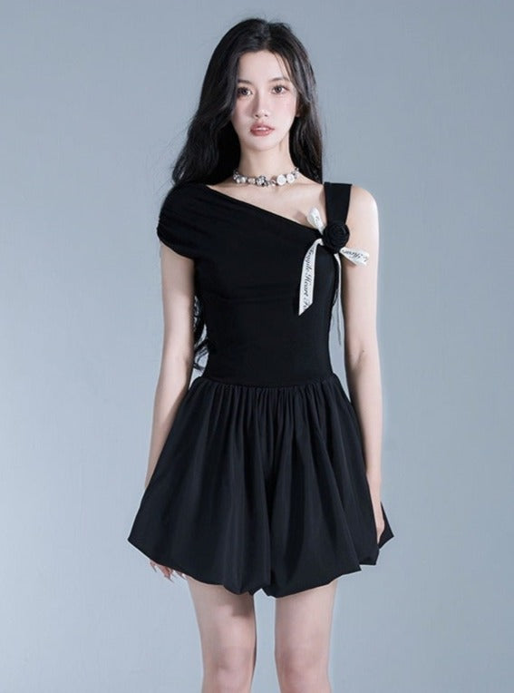 Elegant Off-Shoulder Black Mini Dress with Contrast Bow Detail