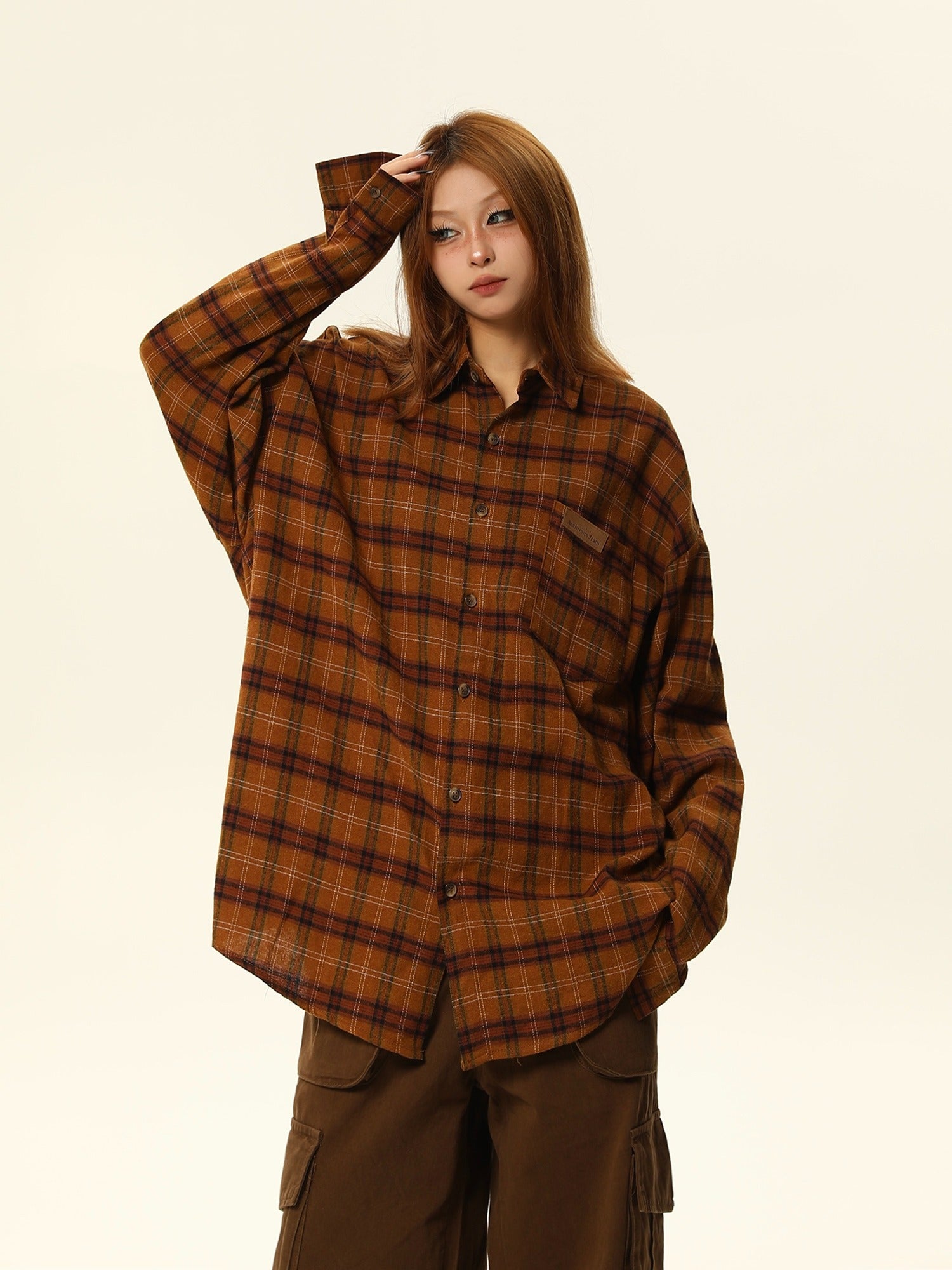 Oversized Plaid Flannel Shirt with Grid Pattern