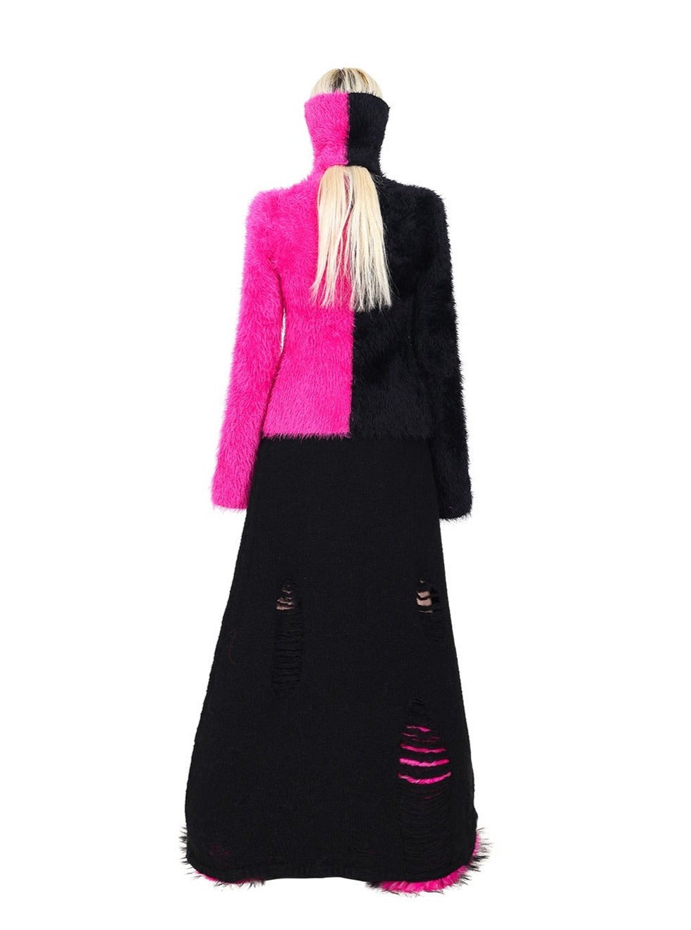 PINKSPINK Two-Tone Fuzzy Cropped Hoodie Cardigan - Black/Hot Pink