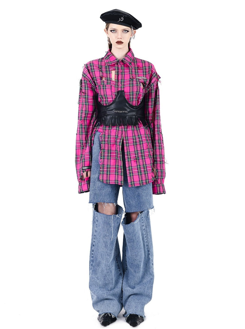 PINKSPINK Oversized Punk Plaid Shirt - Hot Pink