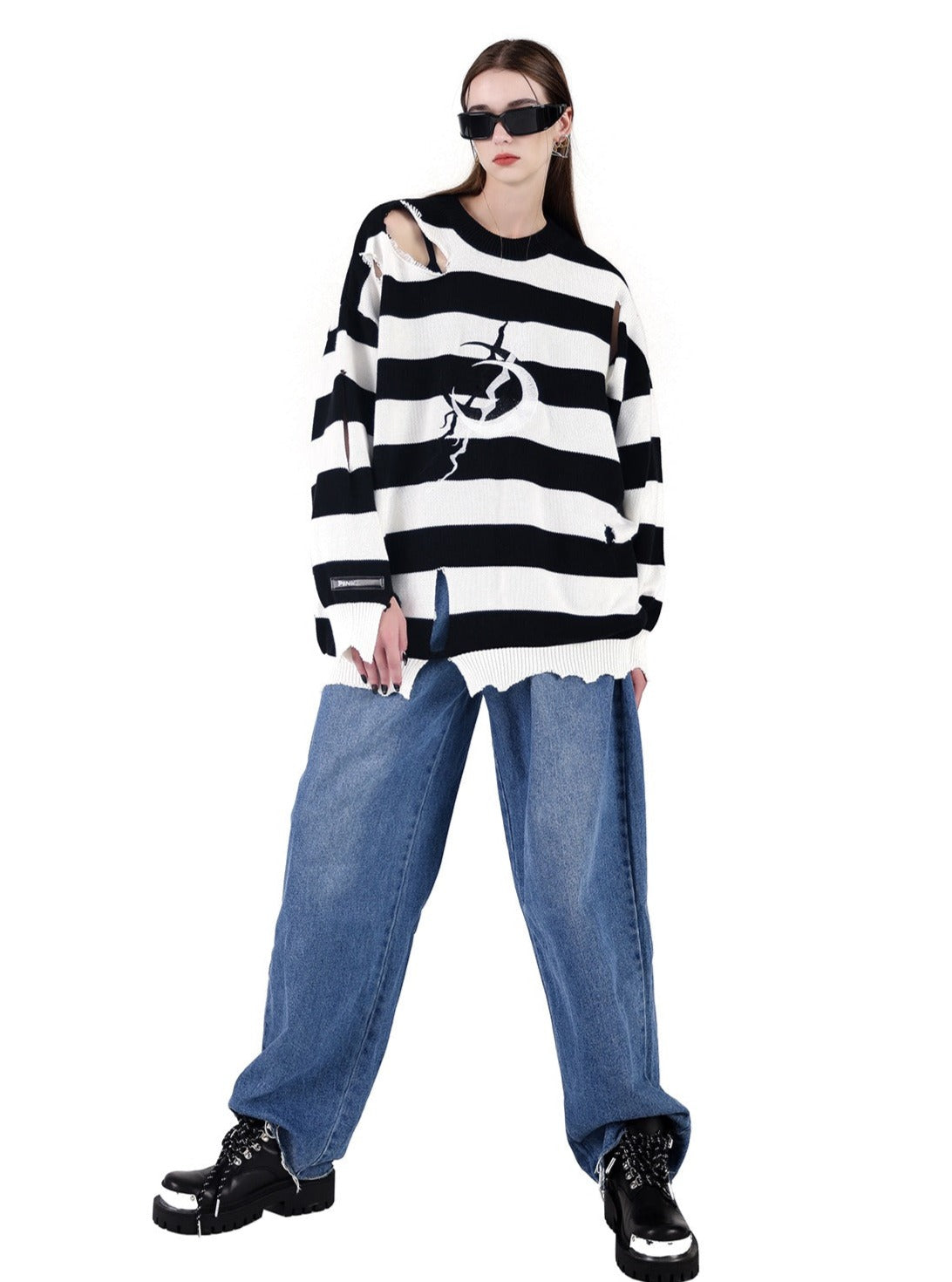 PINKSPINK Distressed Moon Striped Sweater - Black/White