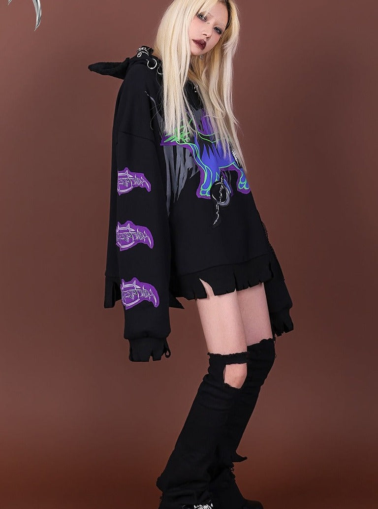 PINKSPINK Cat-Eared Neon Skeleton Hoodie - Black