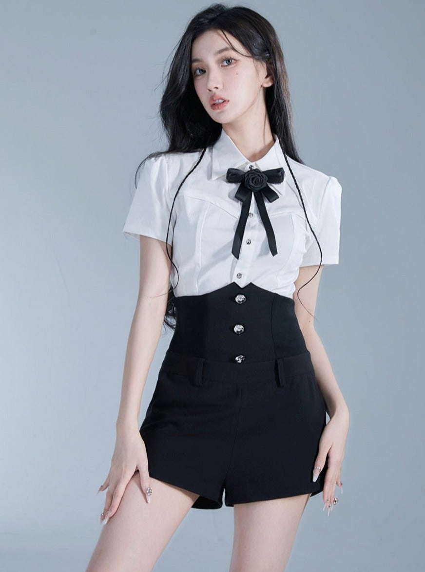 Monochrome Elegance Set: High-Waisted Corset Shorts with Cropped Bow-Tie Shirt