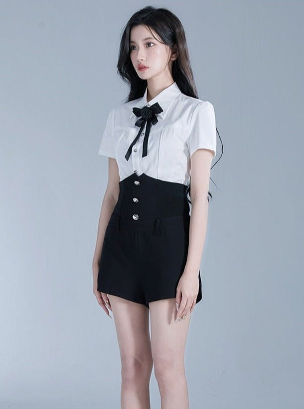 Monochrome Elegance Set: High-Waisted Corset Shorts with Cropped Bow-Tie Shirt