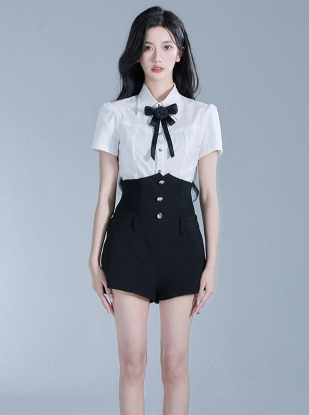 Monochrome Elegance Set: High-Waisted Corset Shorts with Cropped Bow-Tie Shirt