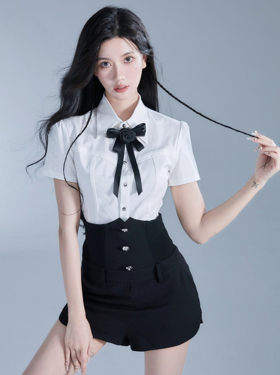 Monochrome Elegance Set: High-Waisted Corset Shorts with Cropped Bow-Tie Shirt