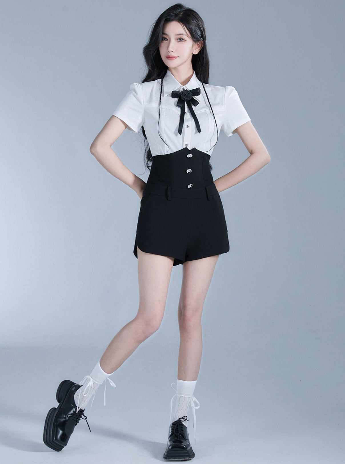 Monochrome Elegance Set: High-Waisted Corset Shorts with Cropped Bow-Tie Shirt