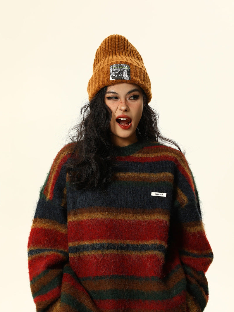 Fuzzy Wool Sweater With Vibrant Stripes