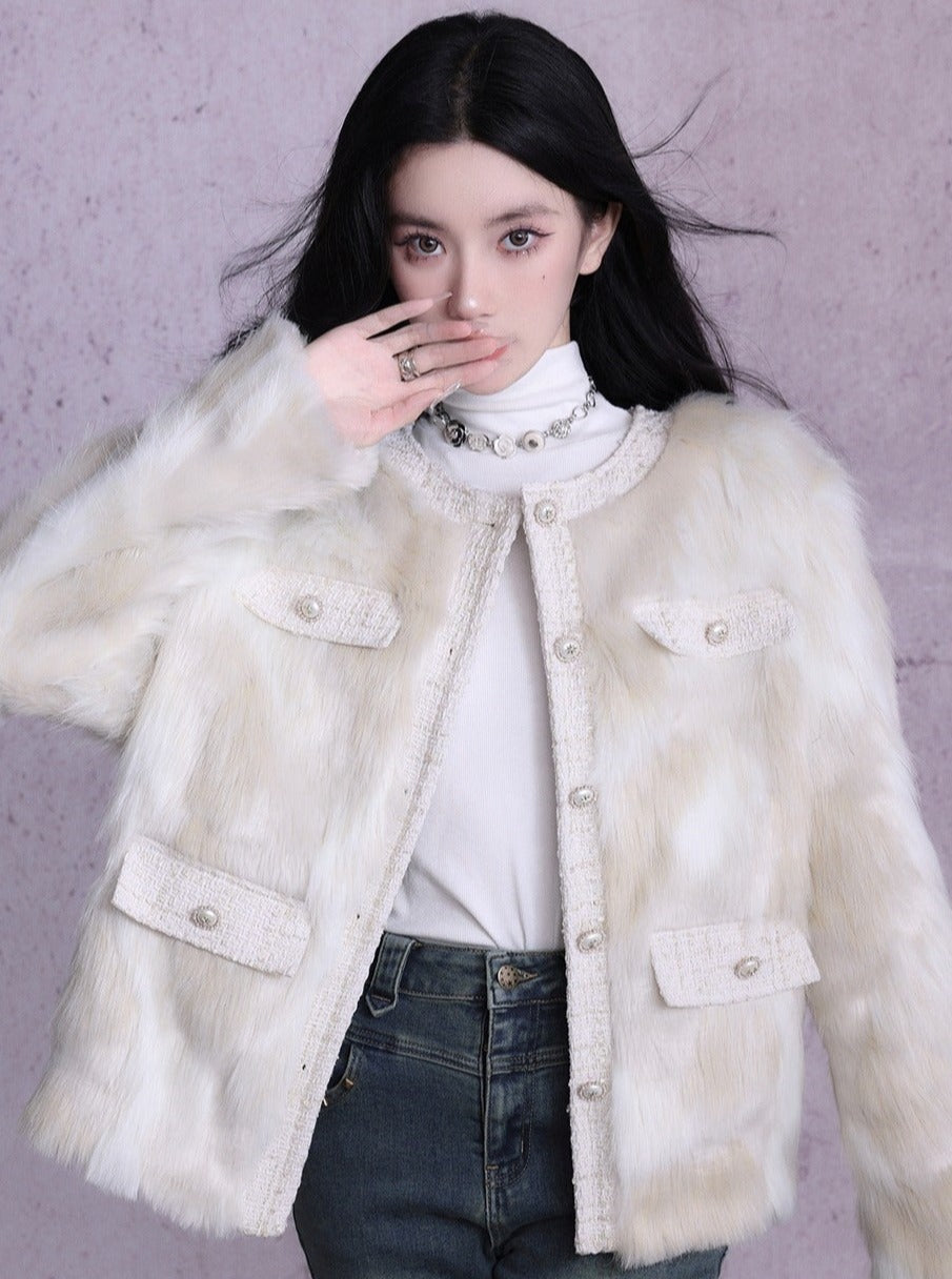 Luxe Faux Fur Collarless Jacket with Multi-Pocket Detail - Winter White