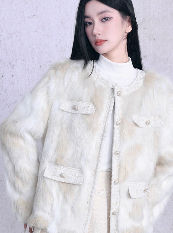 Luxe Faux Fur Collarless Jacket with Multi-Pocket Detail - Winter White