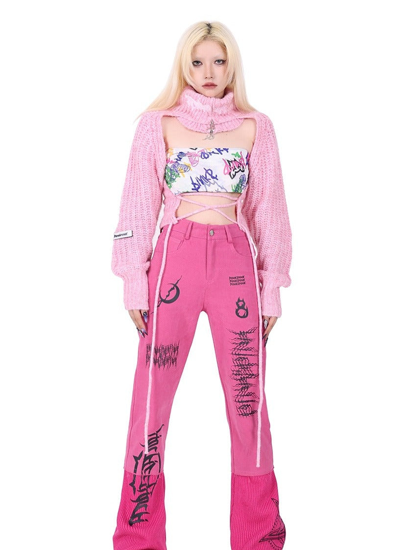 PINKSPINK Star Cropped Turtleneck Sweater - Black/Pink