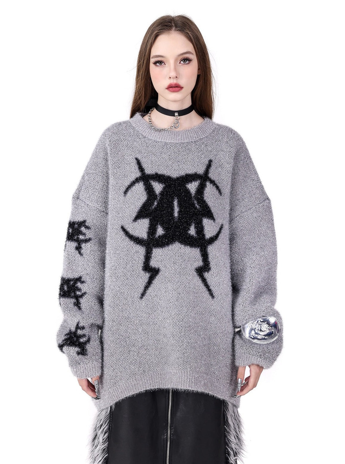 PINKSPINK Gothic Symbol Oversized Sweater - Grey and Pink