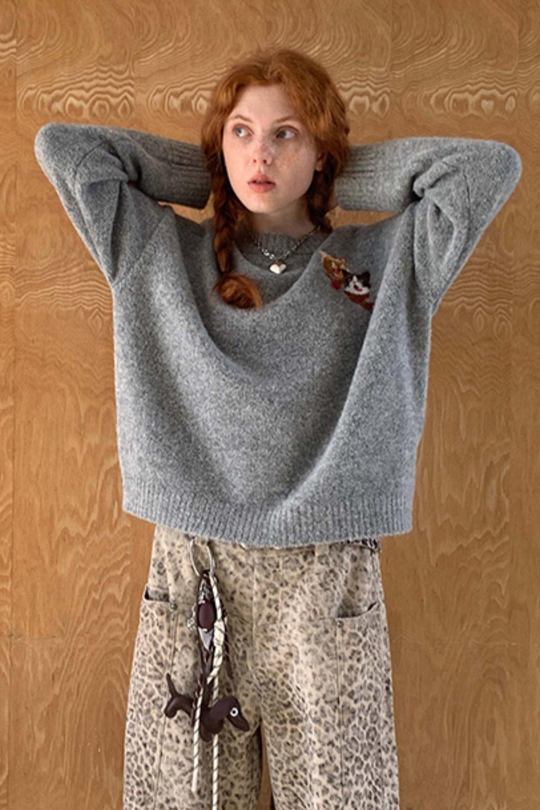 Embroidered Cat Knit Sweater