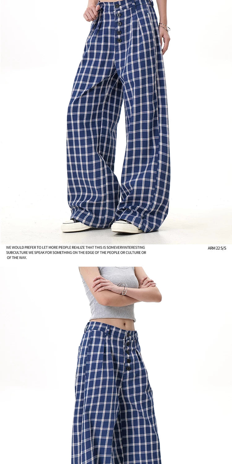 Plaid button wide-leg pants blue plaid drape detail